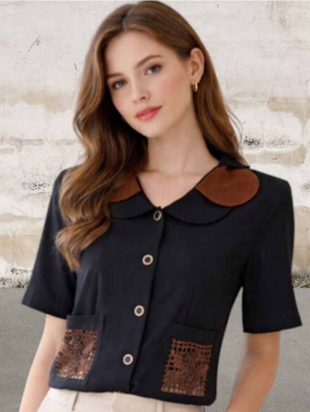 JM Goulbourn Black Short-Sleeve Button Jacket w/Brown Collar & Pocket Accents